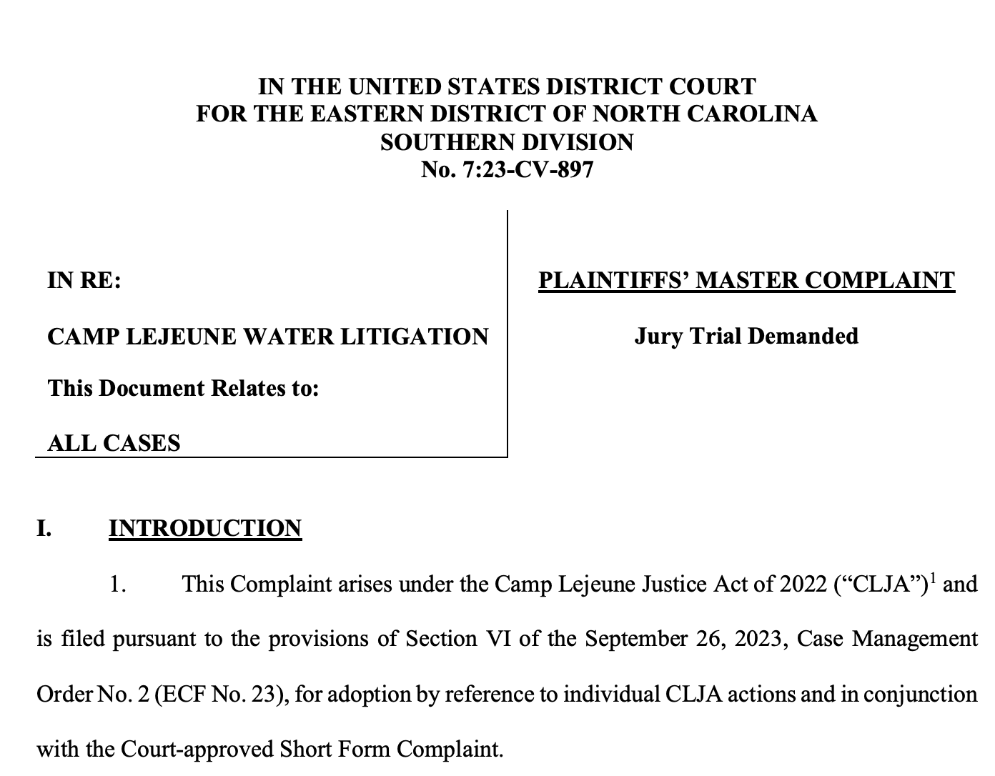 Camp Lejeune Water Litigation Master Complaint (Full Text)